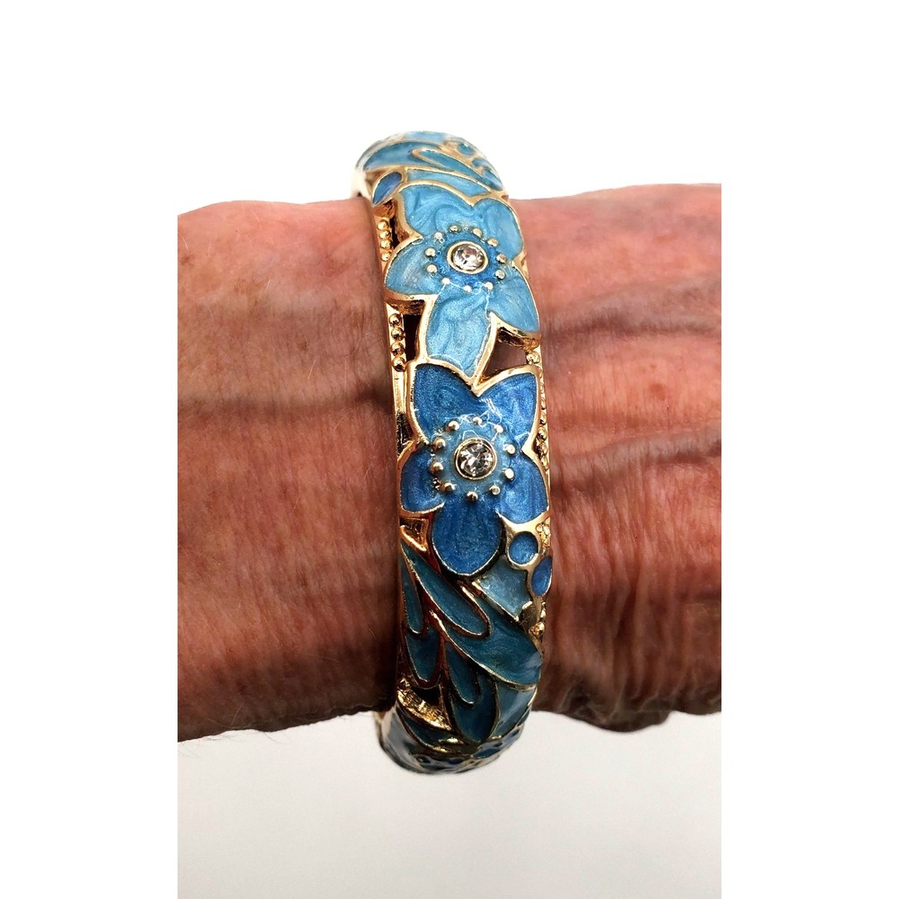 Vintage Blue Enamel Clamper Bracelet Floral Rhinestones Gold Tone 7.25"